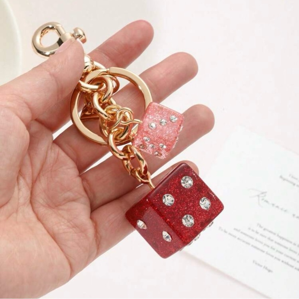 Dice Bag Charm with Red, Pink, and Gold - Picture 3 of 6